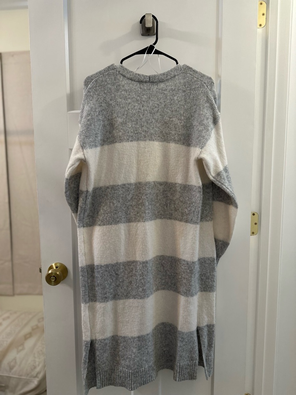 Long Open-Front Striped Cardigan Sweater - Gray & Cream - Picture 2 of 3